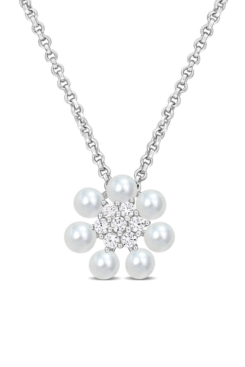 Flower Diamond & Freshwater Pearl Pendant Necklace, Main, color, WHITE