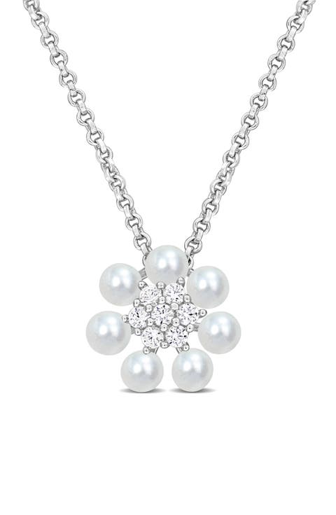 Flower Diamond & Freshwater Pearl Pendant Necklace