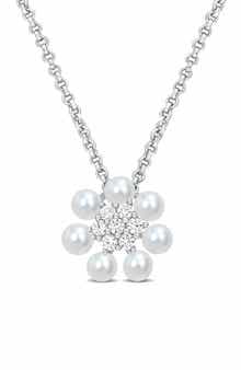 DELMAR Flower Diamond & Freshwater Pearl Pendant Necklace
