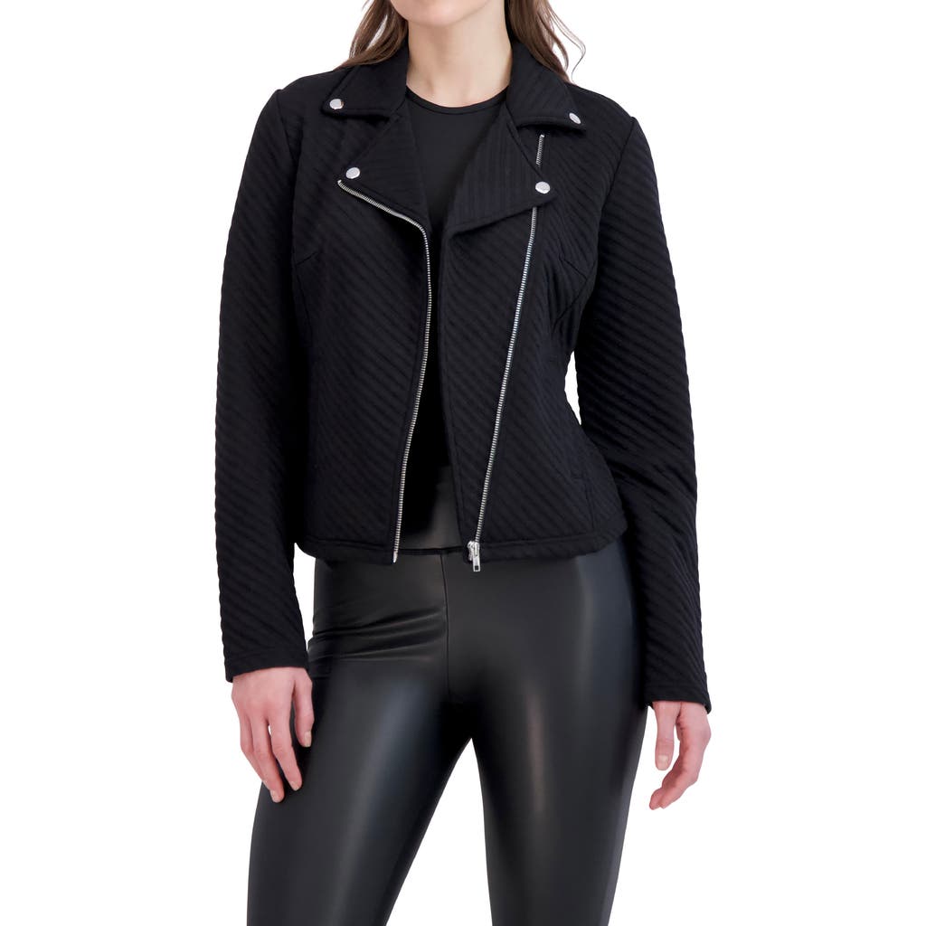 Ookie & Lala Linear Knit Moto Jacket In Black