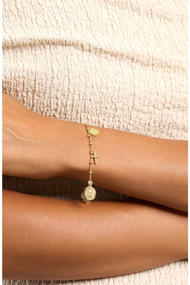 Medallion & Pavé Cubic Zirconia Cross Charm Bracelet, Alternate, color, GOLD