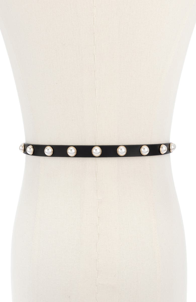 Kate Spade New York faux pearl stud leather belt, Alternate, color, Black