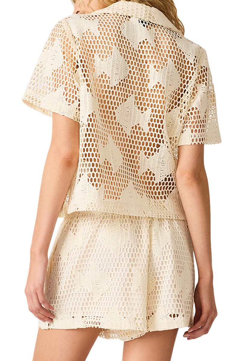 Steve Madden Sandra Fish Sheer Lace Camp Shirt, Alternate, color, Ivory