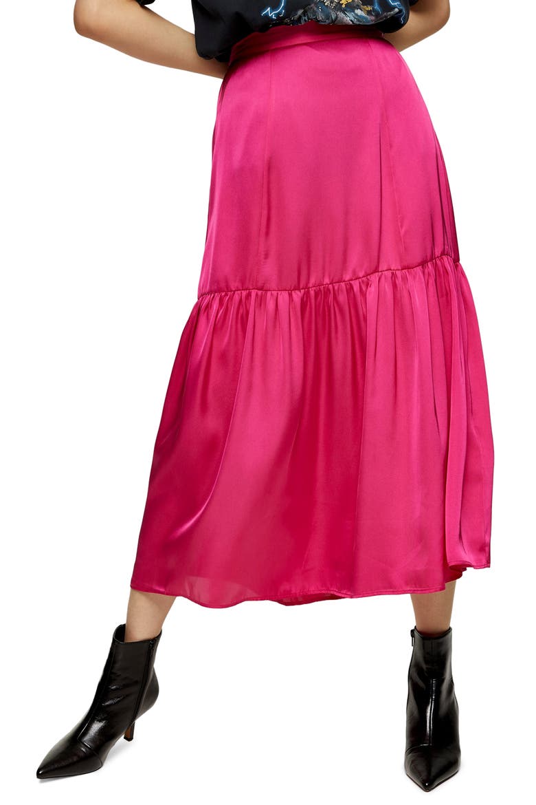 Satin Tiered Midi Skirt, Main, color, PINK