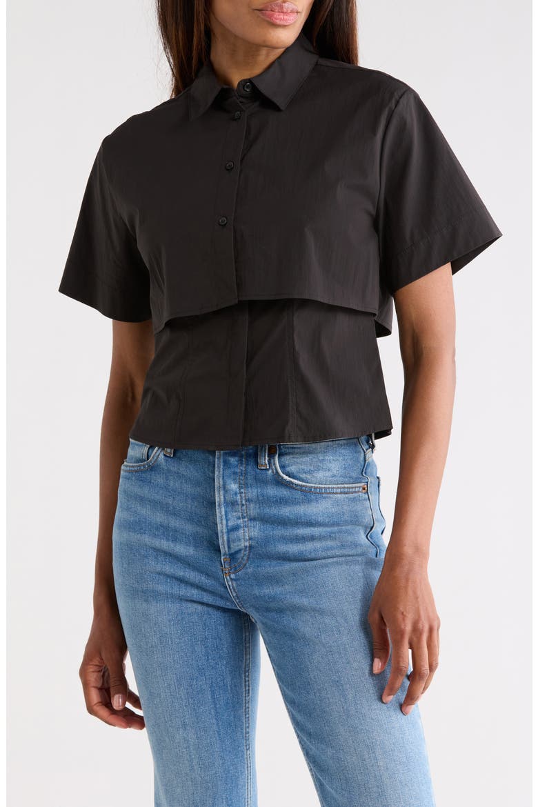 Short Sleeve High-Low Button-Up Shirt, Main, color, BLACK