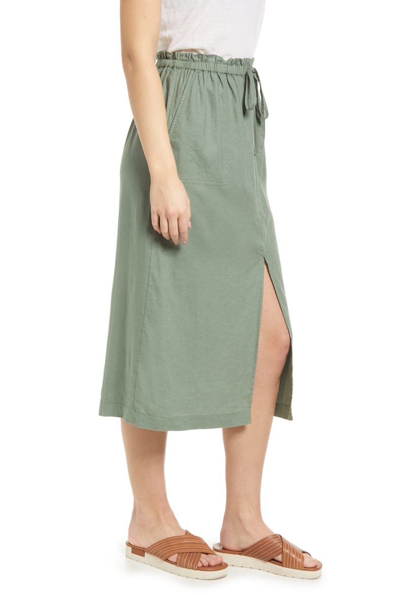 LINEN FRONT SLIT MIDI SKIRT, Alternate, color, GREEN DUNE