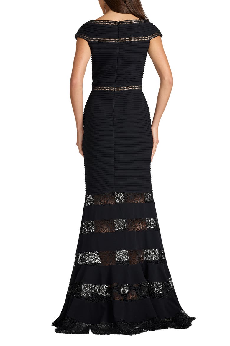 Pintuck Ladder Stitch Lace Inset Trumpet Gown, Alternate, color, BLACK