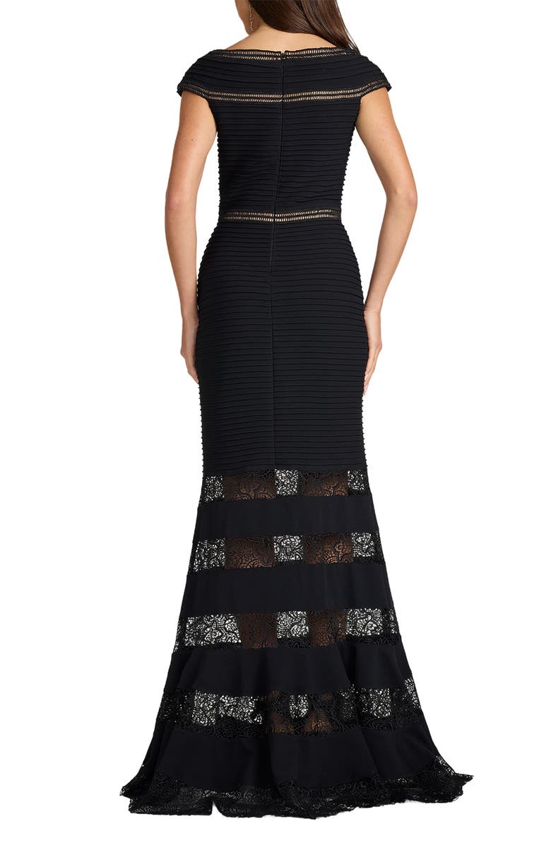 Tadashi Shoji Pintuck Ladder Stitch Lace Inset Trumpet Gown, Alternate, color, Black