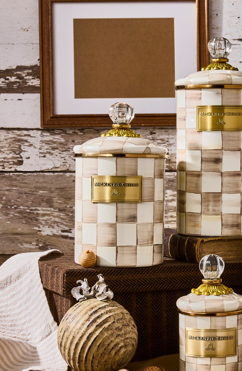 MACKENZIE CHILDS Mocha Check Medium Enameled Steel Canister, Alternate, color, Mocha