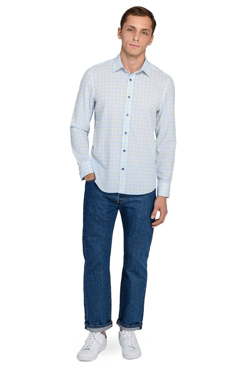 Houndstooth Plaid Stretch Button-Up Shirt, Alternate, color, NAVY/ YELLOW