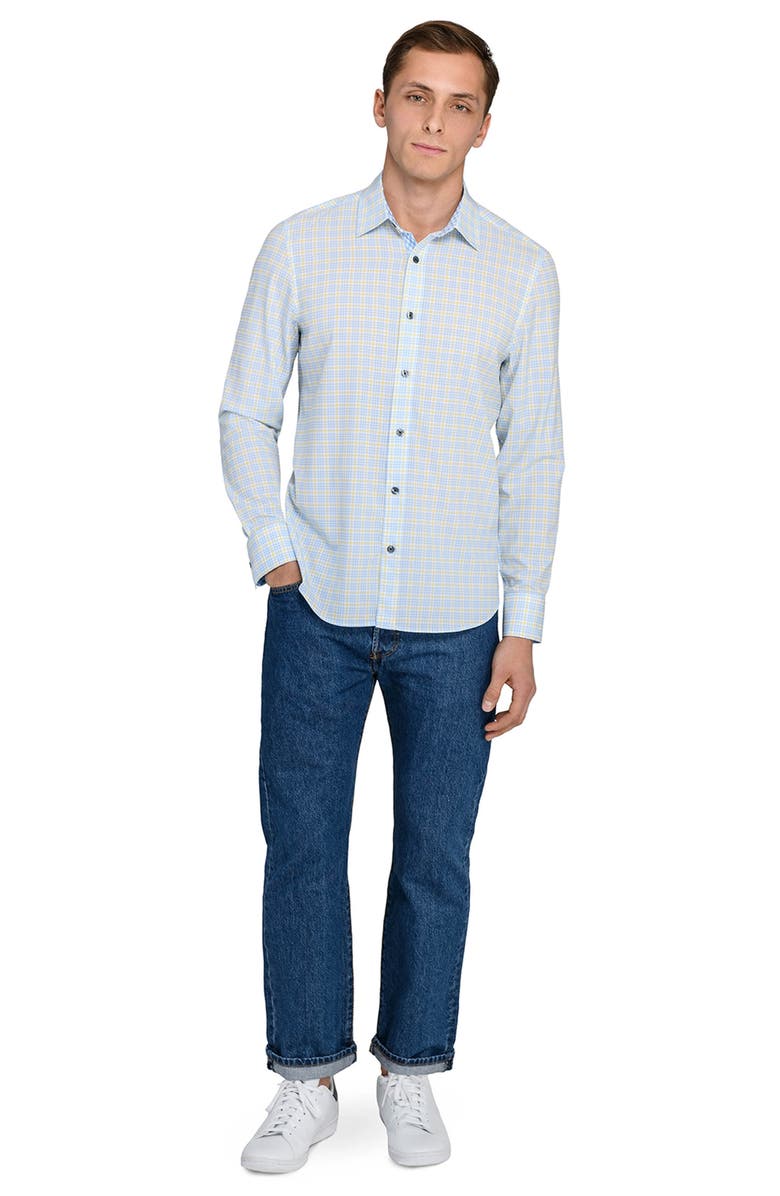 CONSTRUCT Houndstooth Plaid Stretch Button-Up Shirt, Alternate, color, Navy/ Yellow