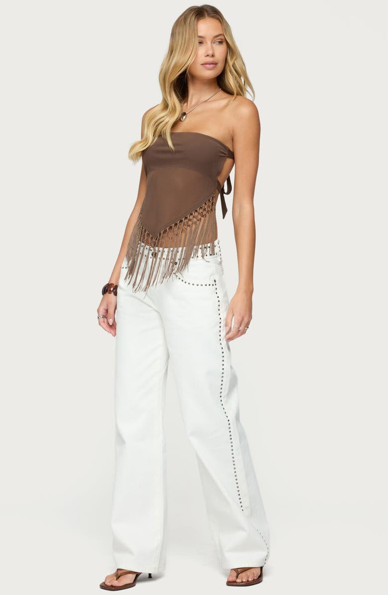 EDIKTED Fringe Hem Mesh Tube Top, Alternate, color, Brown