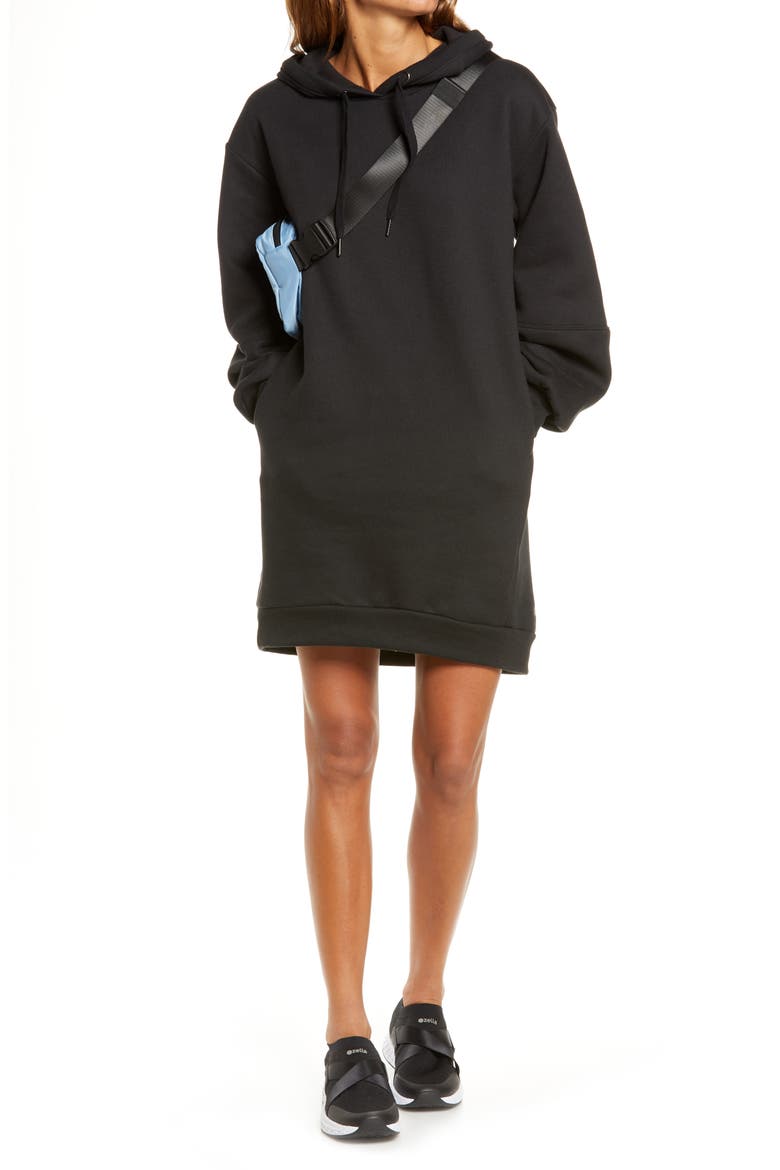 Cara Long Sleeve Fleece Hoodie Dress, Alternate, color, BLACK