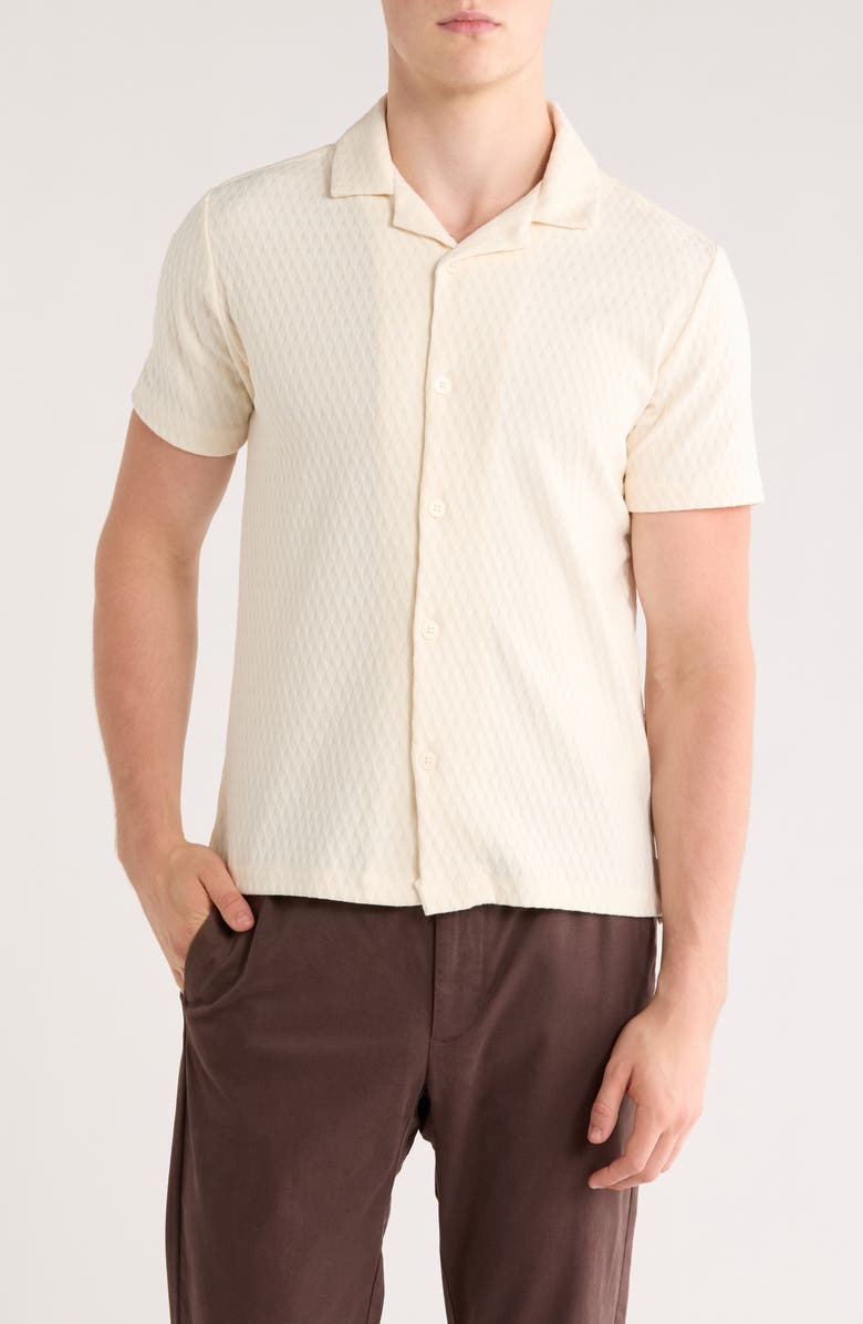 DENIM AND FLOWER Textured Short Sleeve Button-Up Shirt, Main, color, Cream