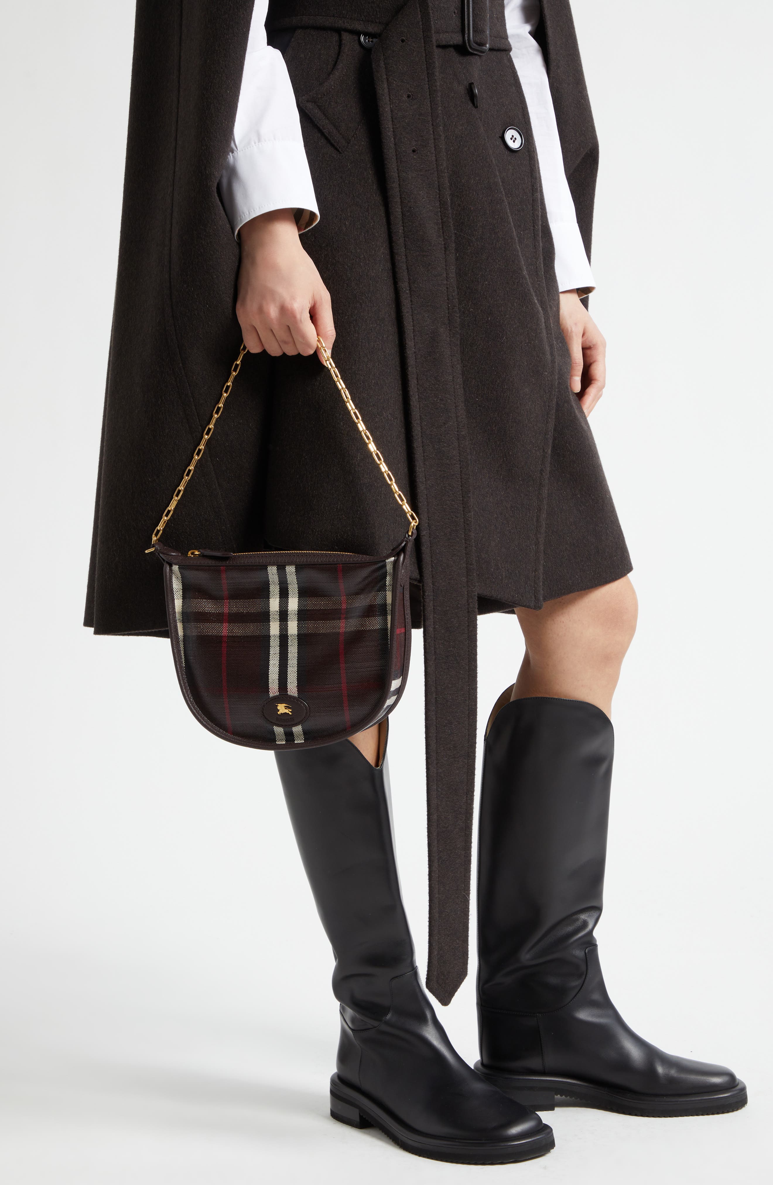 Burberry Mini Highlands Check Coated Canvas Shoulder Bag, Alternate, color, Mahogany