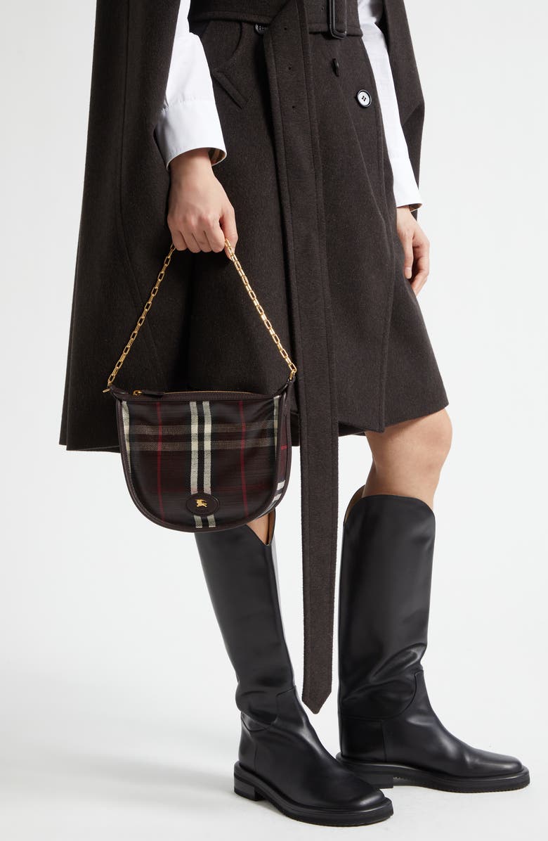 Burberry Mini Highlands Check Coated Canvas Shoulder Bag, Alternate, color, Mahogany