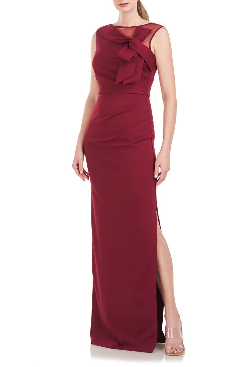 Kirsten Bow Neckline Crepe Column Gown, Main, color, DEEP RED