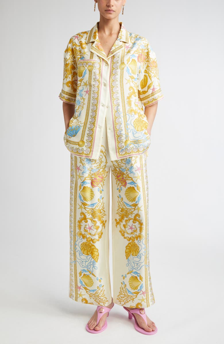 Versace Underwater Barocco Wide Leg Silk Pants, Alternate, color, Eggshell Multicolor