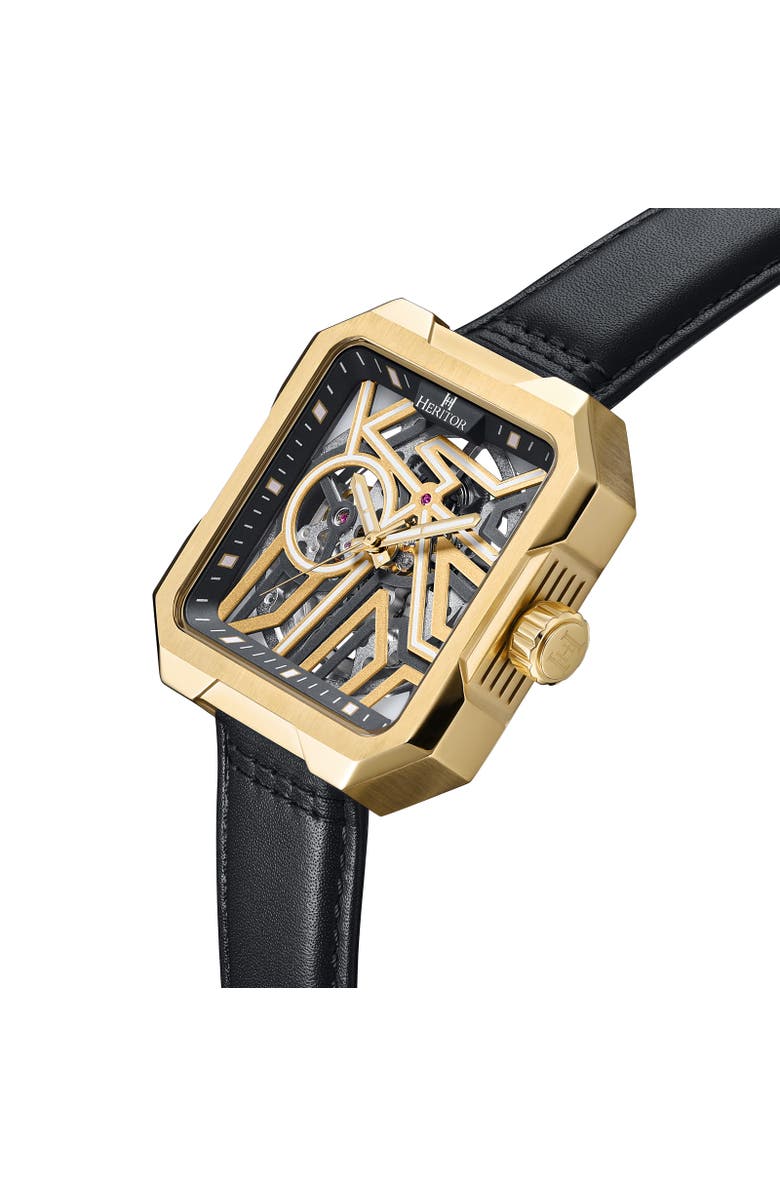 Heritor Automatic Campbell Leather-Band Skeleton Watch, Alternate, color, Gold