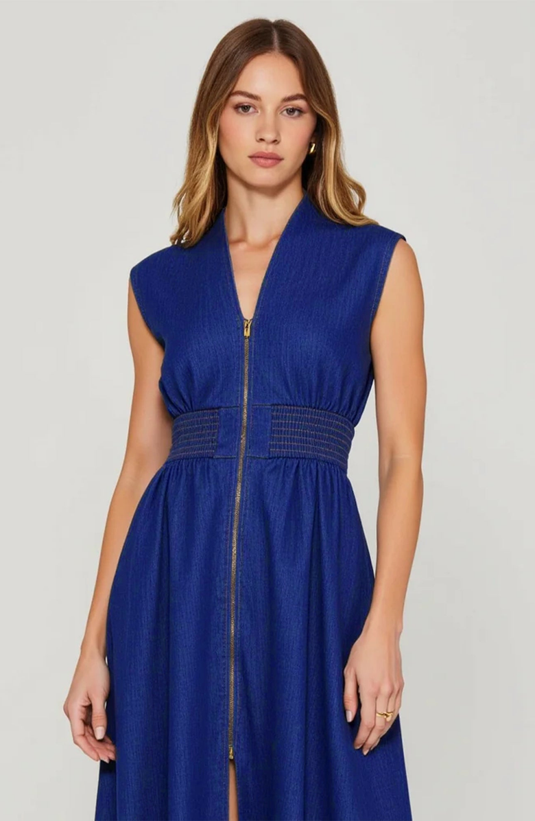 Modenaire Zip Front Midi Dress with Cap Sleeves and Smocked Waist, Alternate, color, Denim