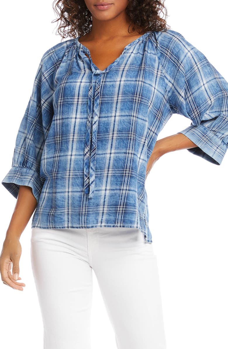 Karen Kane Blouson Sleeve Plaid Peasant Top, Main, color,