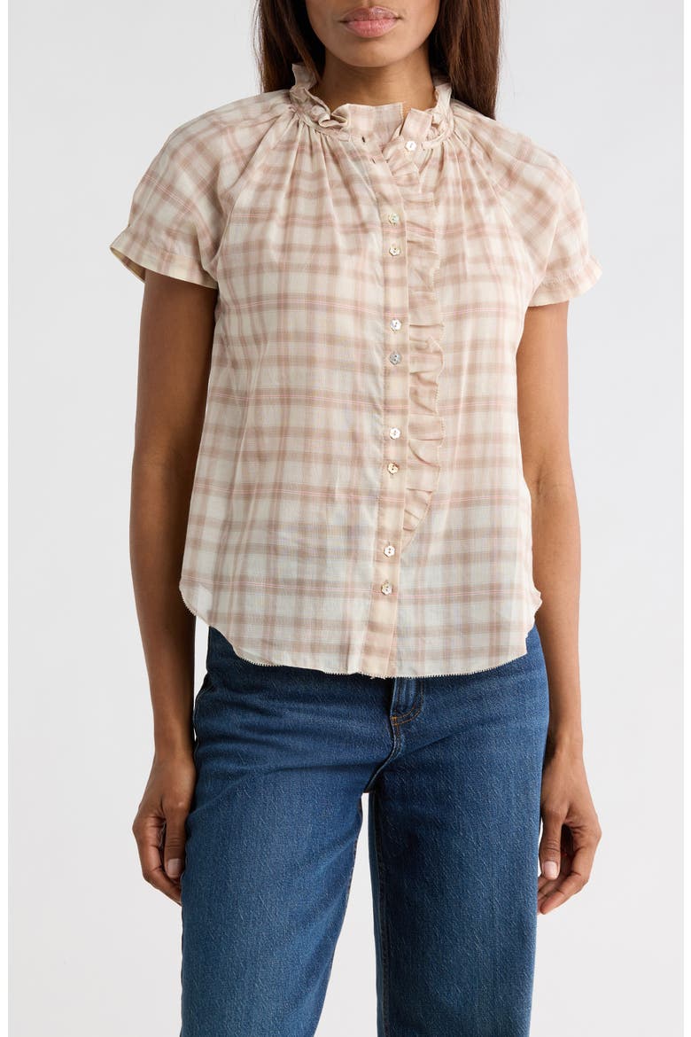 Plaid Ruffle Neck Short Sleeve Button-Up Shirt, Main, color, PINK COFFEE PLAID