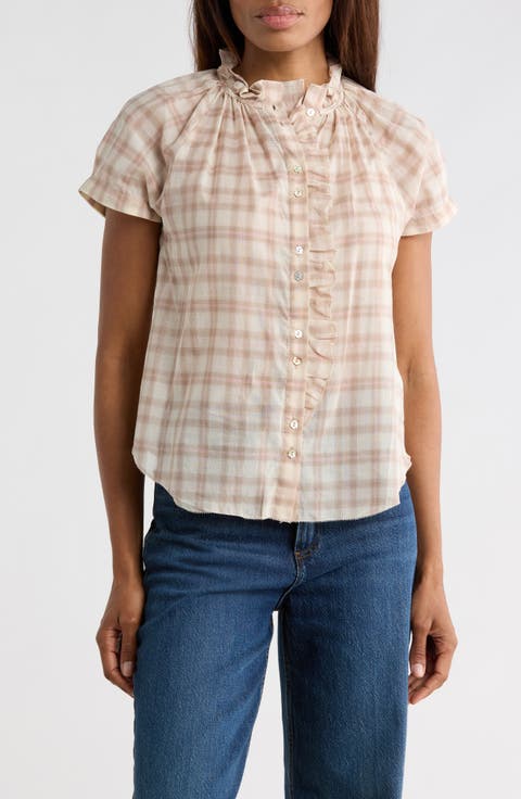 Plaid Ruffle Neck Short Sleeve Button-Up Shirt