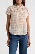 JASON WU Plaid Ruffle Neck Short Sleeve Button-Up Shirt