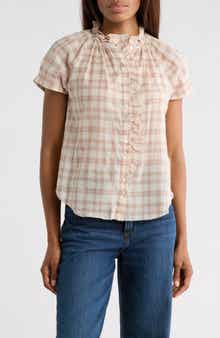 JASON WU Plaid Ruffle Neck Short Sleeve Button-Up Shirt