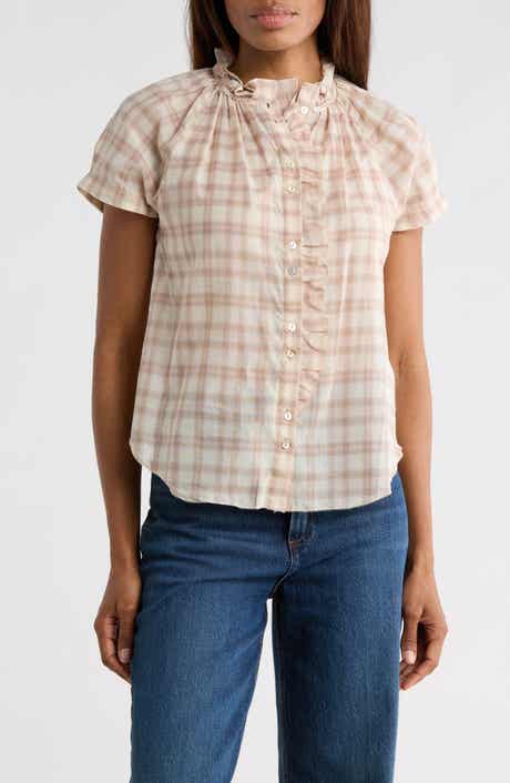 JASON WU Plaid Ruffle Neck Short Sleeve Button-Up Shirt