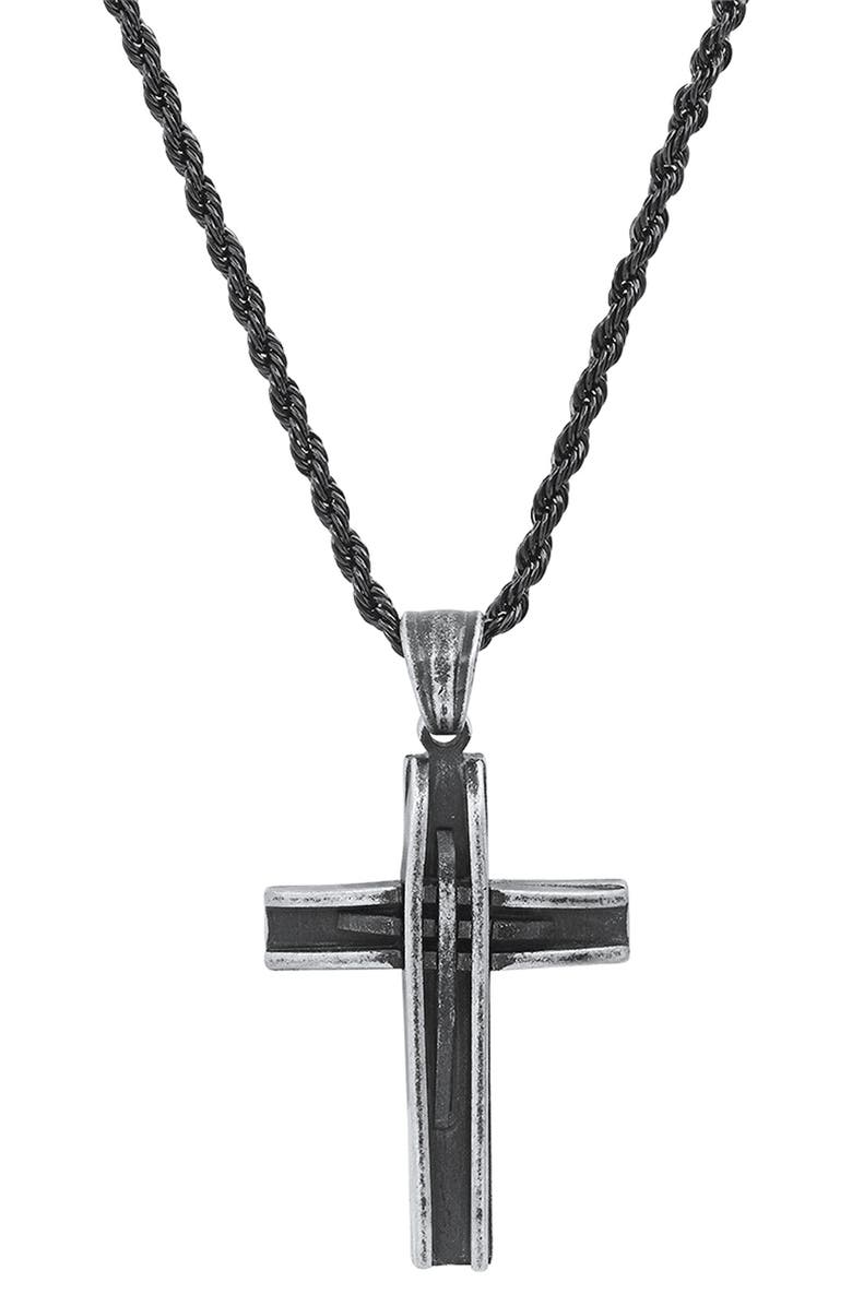 HMY JEWELRY Stainless Steel Oxidized Cross Necklace, Main, color, Black