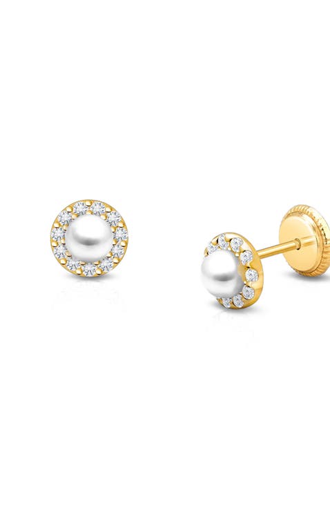 14K Gold Pearl Halo Studs Screw Back Earrings