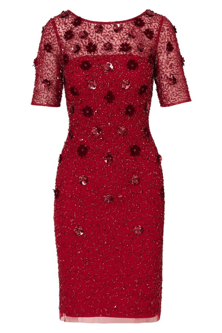 Sequin Mesh & Velvet Cocktail Sheath Dress, Alternate, color, CRANBERRY