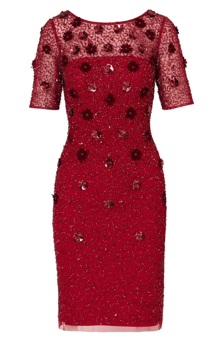 Adrianna Papell Sequin Mesh & Velvet Cocktail Sheath Dress, Alternate, color, Cranberry