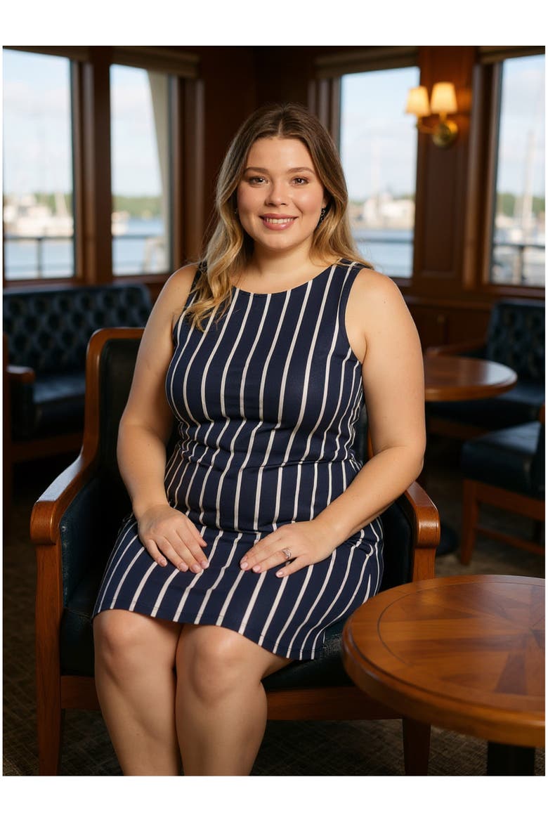 Plus Size Striped Round Neck Sleeveless A-Line Mini Shift Dress, Alternate, color, Navy Multi