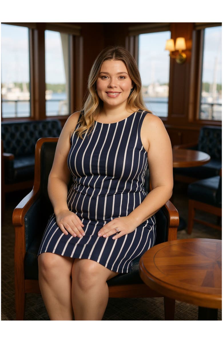 24seven Comfort Apparel Plus Size Striped Round Neck Sleeveless A-Line Mini Shift Dress, Alternate, color, Navy Multi