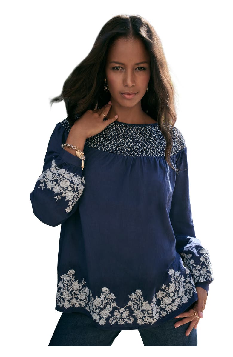 Roaman's Embroidered Smocked Blouse, Main, color, Navy Paisley Embroidery