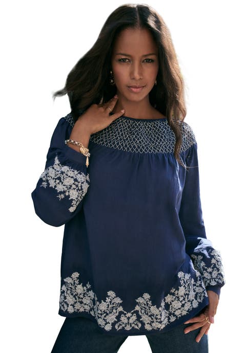 Embroidered Smocked Blouse (Plus)