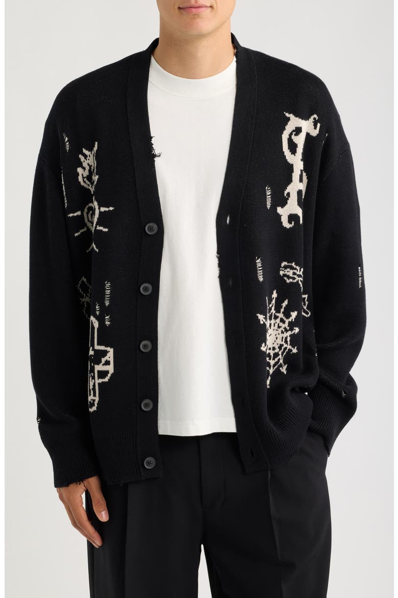 Staged Intarsia Organic Cotton Button Front Cardigan, Main, color, BLACK/ ECRU WHITE
