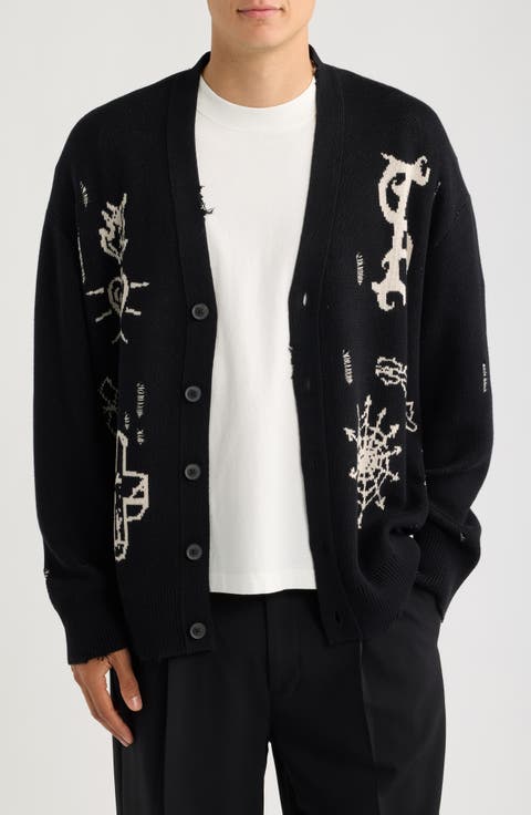 Staged Intarsia Organic Cotton Button Front Cardigan