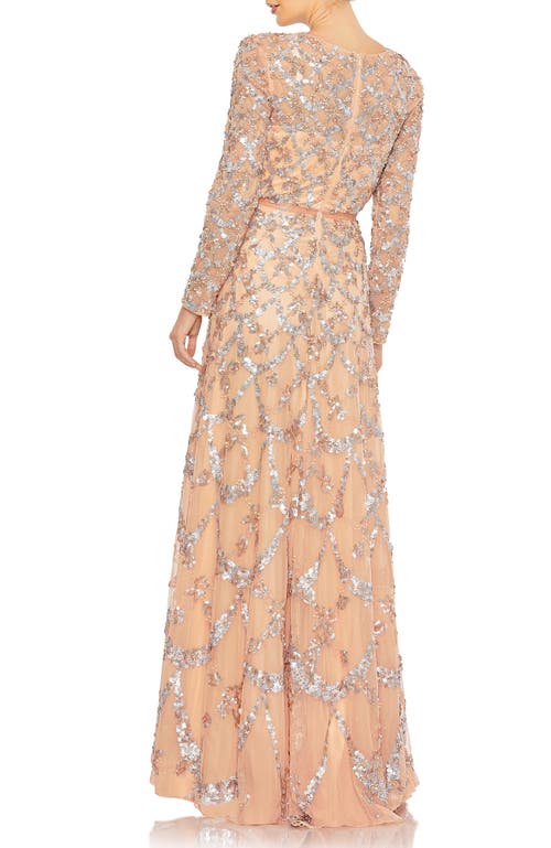 Mac Duggal Embellished Illusion High Neck Long Sleeve A Line Gown In Blush