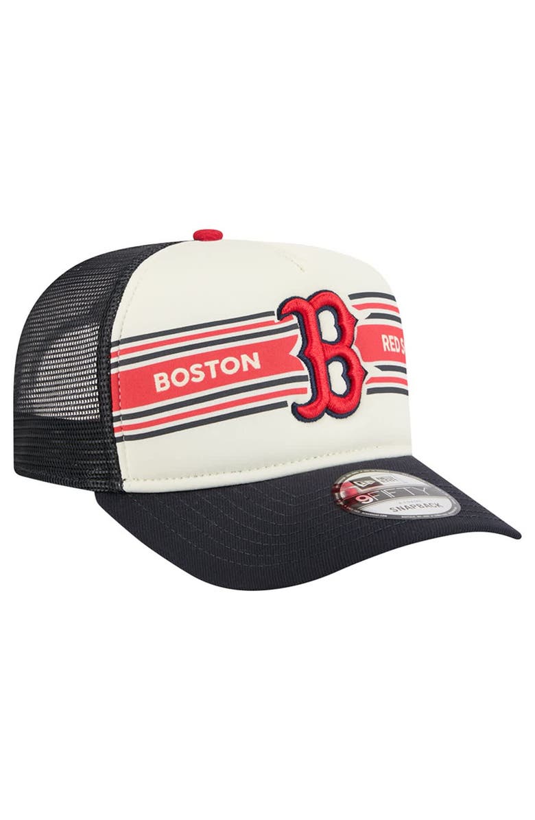 New Era Men's New Era Cream/Navy Boston Red Sox Banner A-Frame 9FIFTY Trucker Snapback Hat, Alternate, color, Cream
