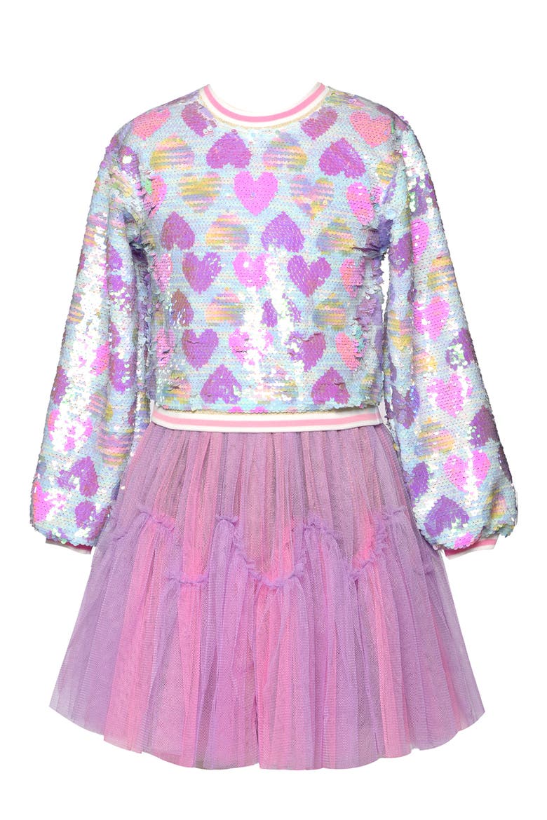 Kids' Heart Print Sequined Twofer Dress, Main, color, PINK MULTI