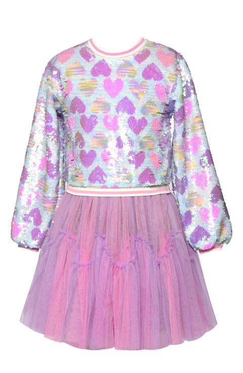 Kids' Heart Print Sequined Twofer Dress