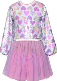 Hannah Banana Kids' Heart Print Sequined Twofer Dress