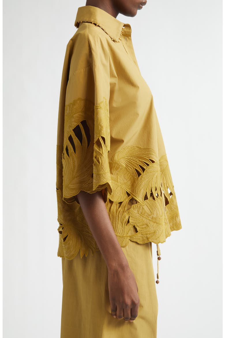 Mahon Oversize Embroidered Cutwork Cotton Button-Up Shirt, Alternate, color, MOSS