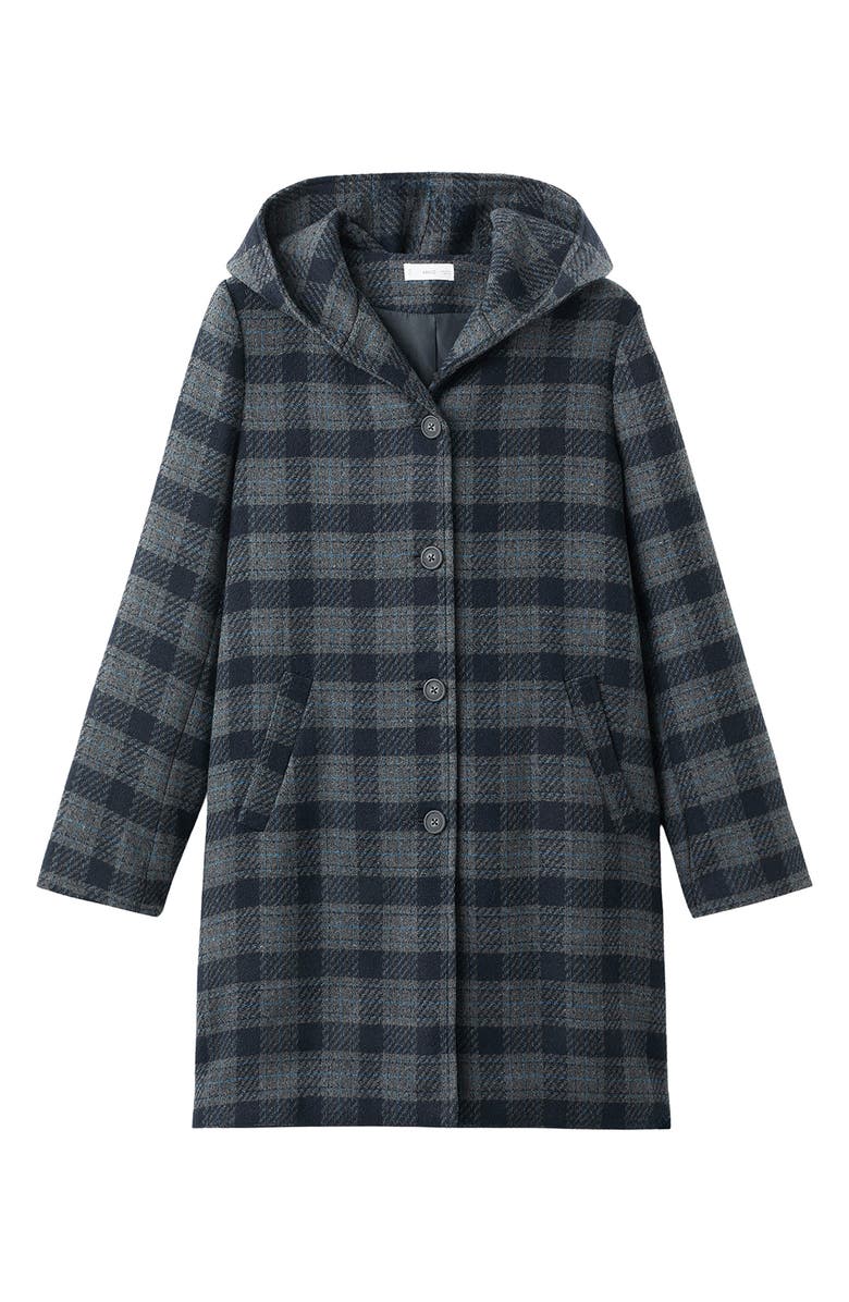 MANGO TEEN Plaid Hooded Coat, Alternate, color, Navy