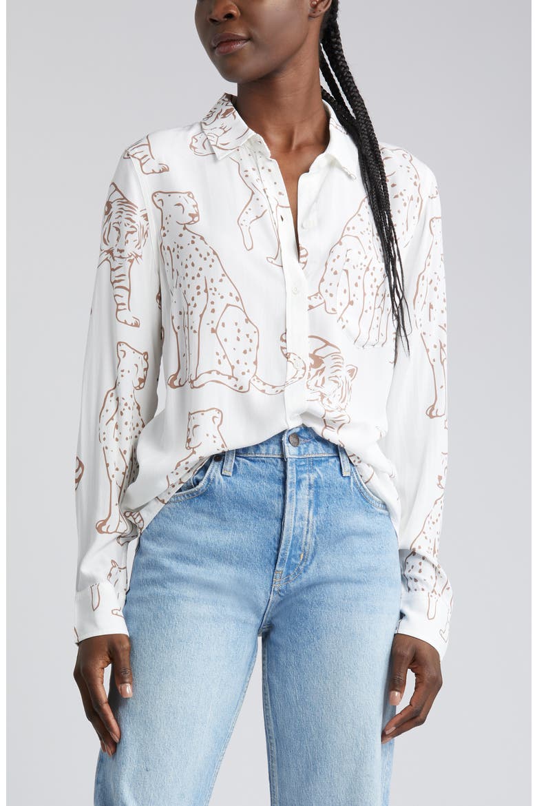 Kathryn Wild Cat Print Button-Up Shirt, Alternate, color, CAMEL JUNGLE CATS