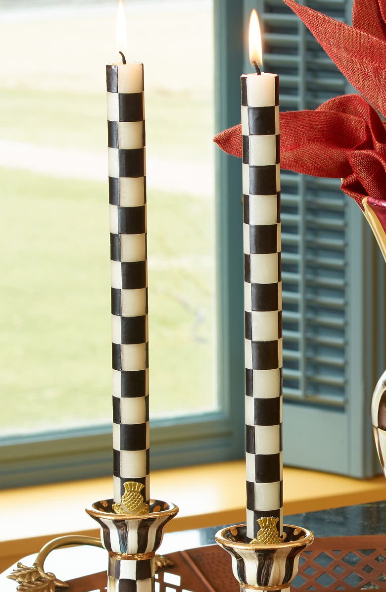 MACKENZIE CHILDS Set of 2 Black & Ivory Check Dinner Candles, Alternate, color, Black/ Ivory