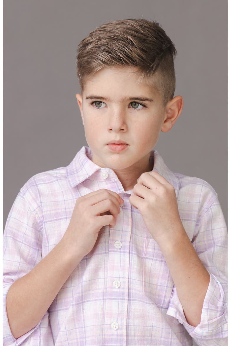 Kids' Linen Long Sleeve Button Down Shirt, Alternate, color, Monet Plaid